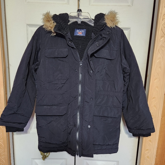 Place Other - Boys Black Puffer Jacket with Faux Fur Hood